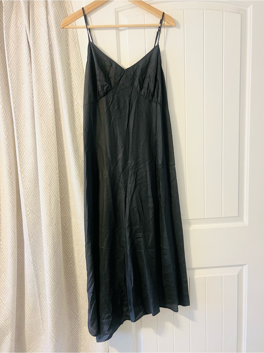 Charcoal Grey Slip Asymmetrical Hemline Dress with Spaghetti Straps Large